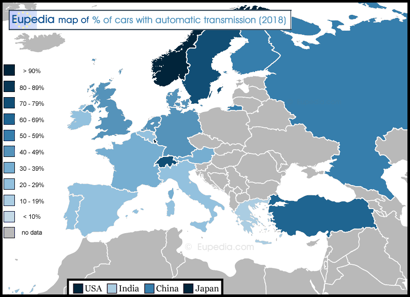 Map of percentage of cars with automatic gearbox by country in Europe