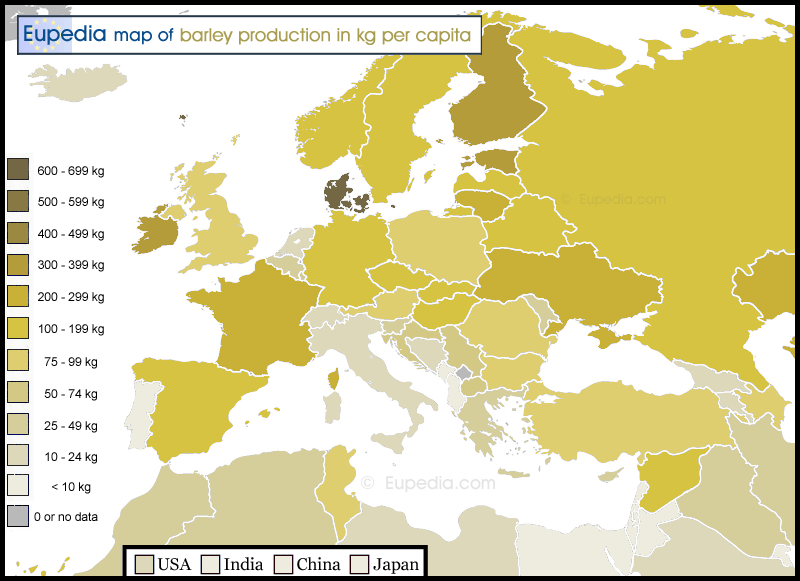 Map of barley production in kg per capita in and around Europe