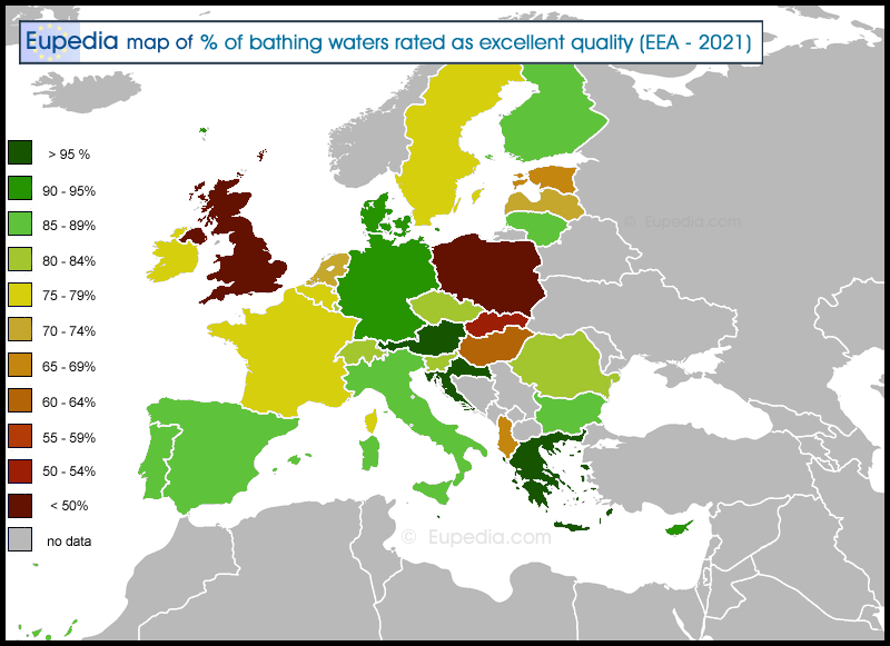 Map showing the percentage of bathing waters rated as excellent in Europe