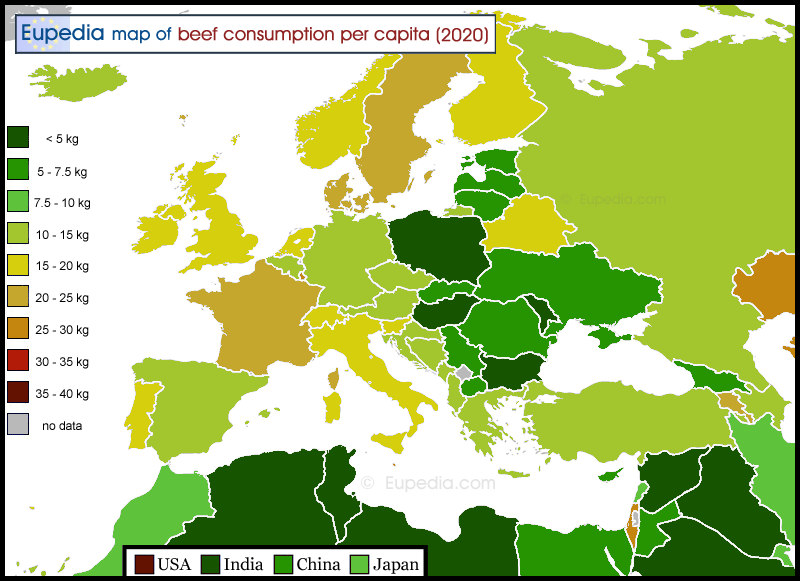 Map of beef consumption per capita in and around Europe in 2020