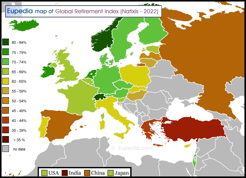 Map of the Global Retirement Index in Europe in 2022