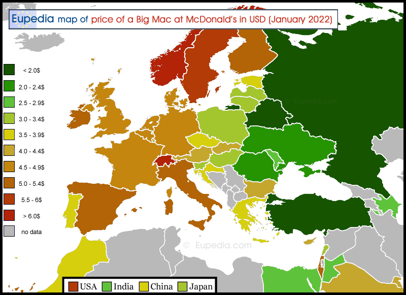 Map showing the price of a Big Mac at McDonald's in USD in and around Europe in January 2022