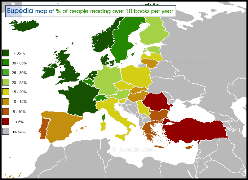 Map showing the percentage of people who read at least 10 books over the last 12 months in Europe