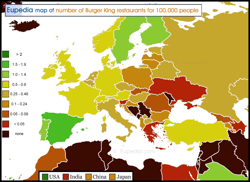 Map of the number of Burger King's restaurants per 100,000 inhabitants in and around Europe