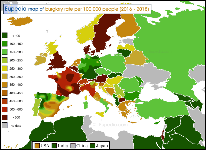 Map of burglary rates in and around Europe