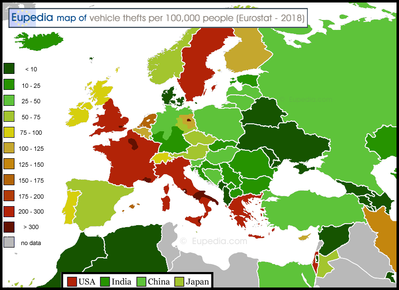 Map of car theft rates in and around Europe