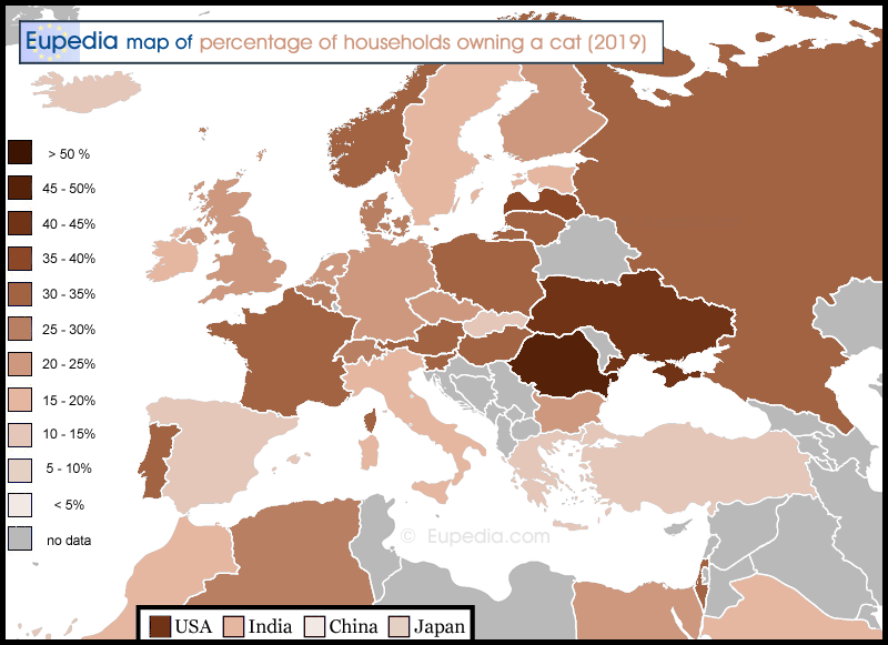 Map showing the percentage of households owning a cat in and around Europe