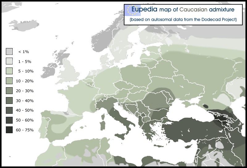 Distribution of the Caucasian admixture in and around Europe