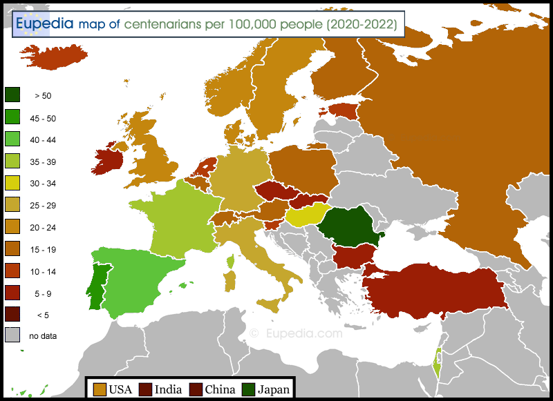 Map of centenarians per 100,000 people in and around Europe