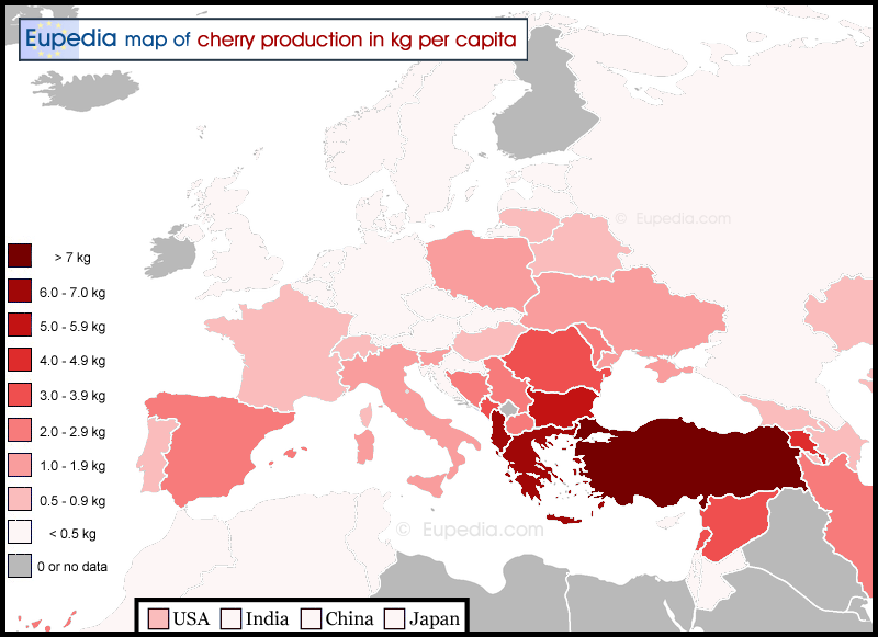 Map of cherry production in kg per capita in and around Europe