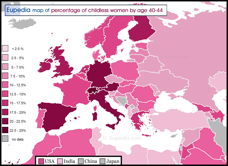 Map of percentage of women aged 40 to 44 who are childless in and around Europe
