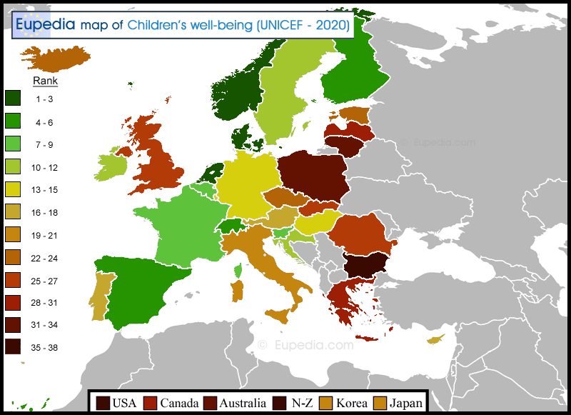 Map of children well-being in rich countries in Europe