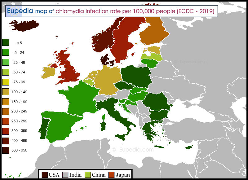 Map of chlamydia infection rate per 100,000 people by country in Europe