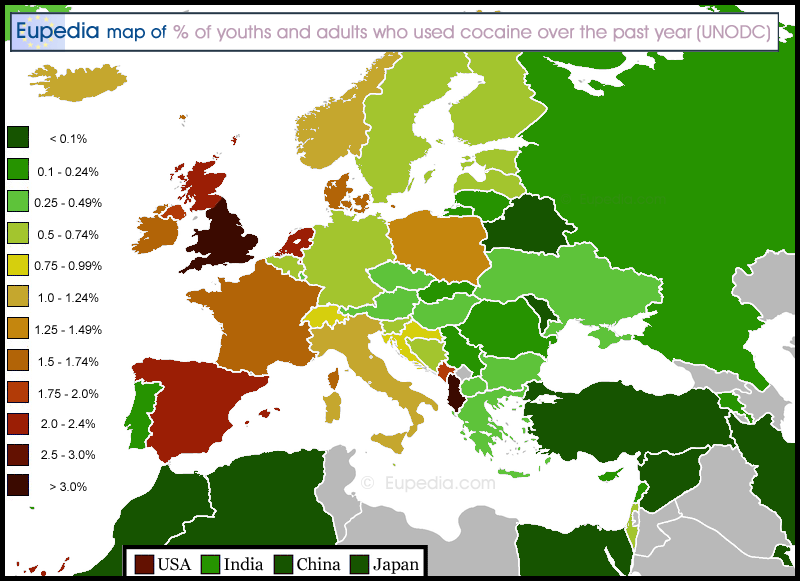 Map of prevalence of cocaine use over the past year in and around Europe