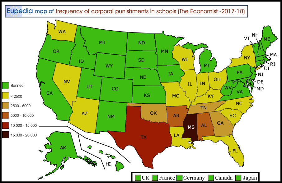 Map showing the frequency of corporal punishments in public schools in the USA by state