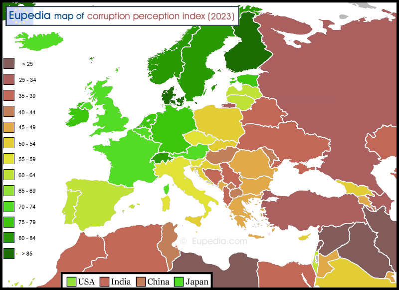 Map of corruption by country in and around Europe