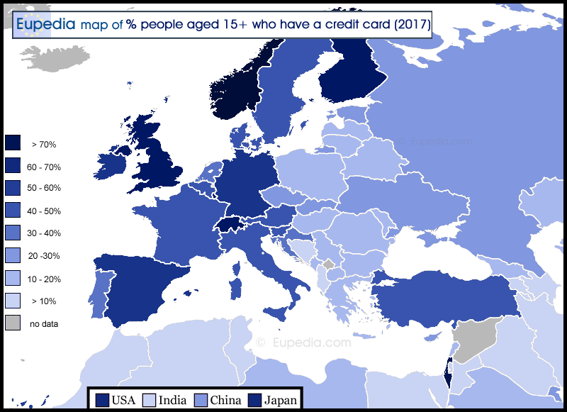 Map showing the percentage of people aged 15+ who have a credit card by country in Europe
