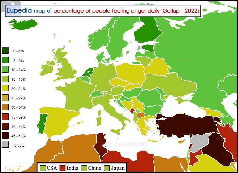 Map of percentage of people feeling anger on a daily basis in and around Europe