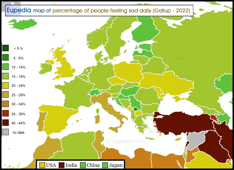 Map of percentage of people feeling sadness on a daily basis in and around Europe