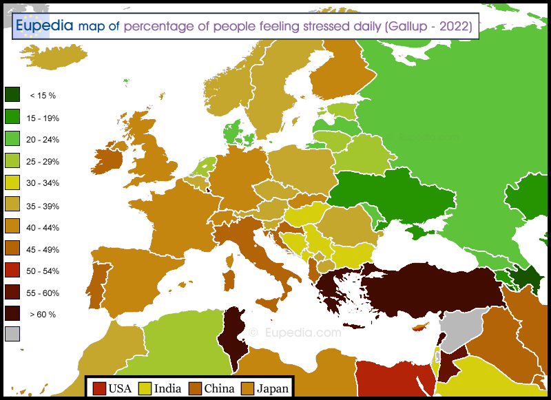 Map of percentage of people feeling stress on a daily basis in and around Europe