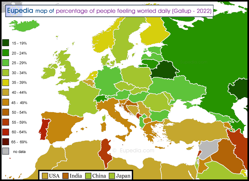 Map of percentage of people feeling worried on a daily basis in and around Europe