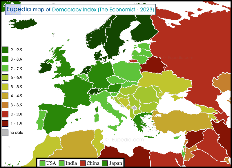 Map of democracy by country in and around Europe in 2023