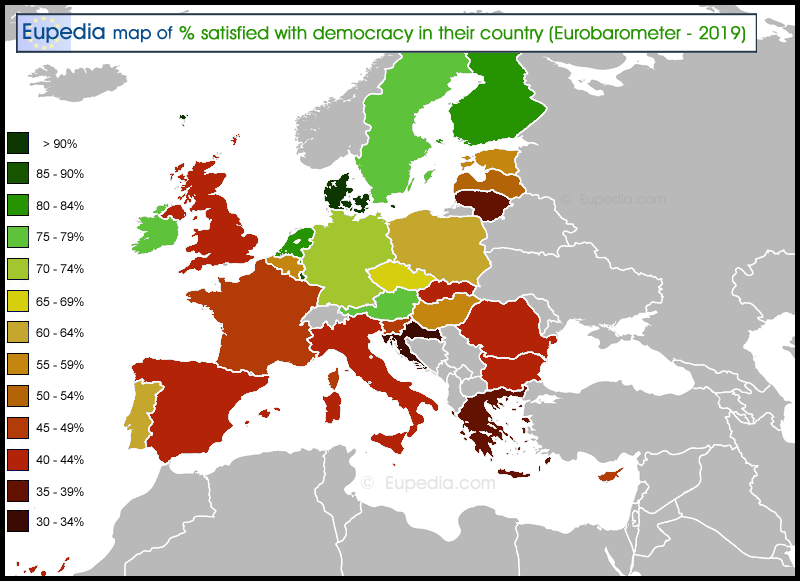 Map showing the percentage of satisfaction with democracy in own country in EU countries