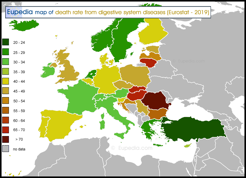 Map of death rate from digestive system diseases per 100,000 people in and around Europe