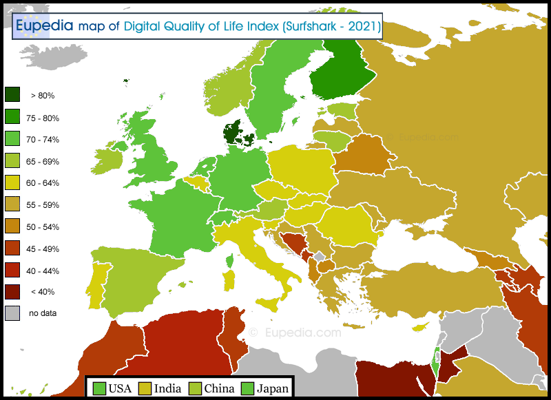 Map of Digital Quality of Life Index by country in and around Europe