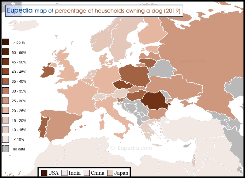Map showing the percentage of households owning a dog in and around Europe