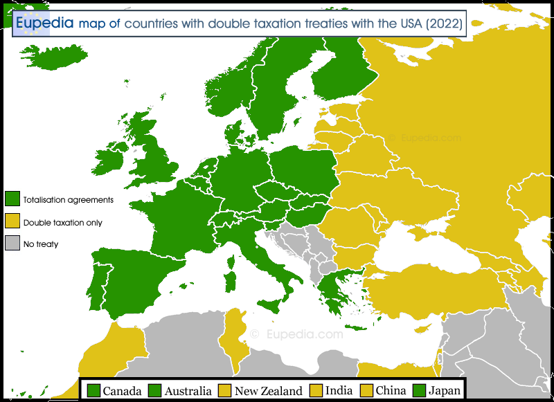 Map of countries with double taxation treaties or totalisation agreements with the USA in and around Europe