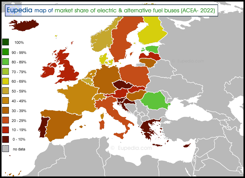 Map showing the market share of electric & alternative fuel buses in 2022 in Europe