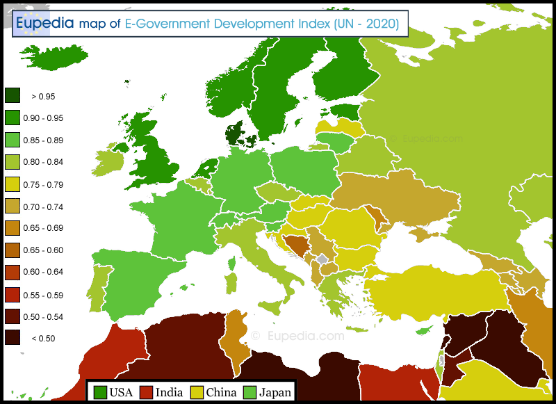 Map of E-Government Development Index (2020) by country in and around Europe