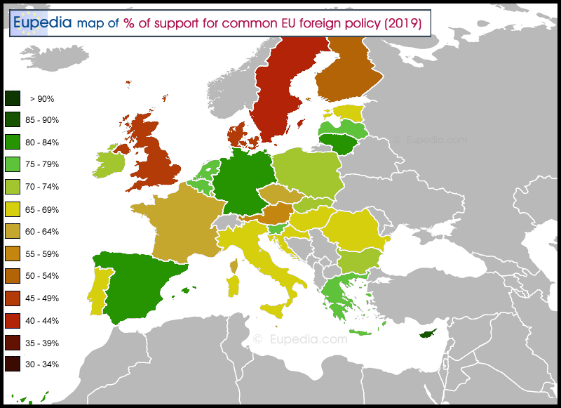 Map showing the percentage of support for a common EU foreign policy 