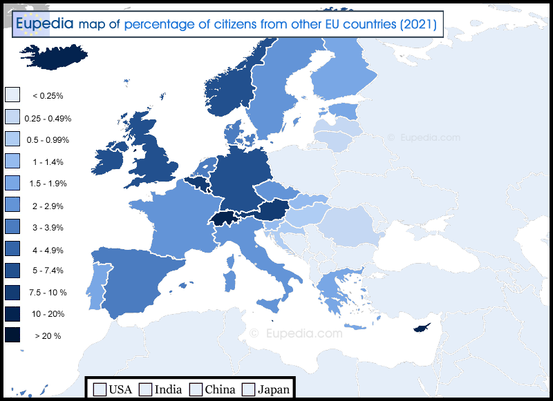 Map showing the percentage of citizens from (other) EU countries in and around Europe