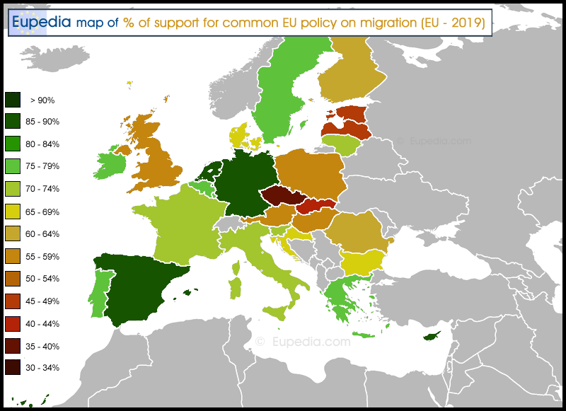 Map showing the percentage of support for common EU policy on migration in EU countries