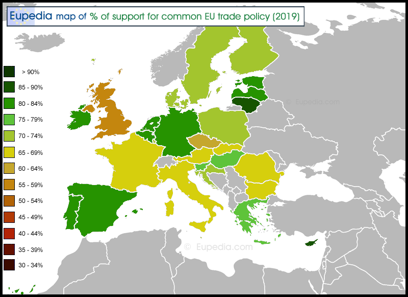 Map showing the percentage of support for a common EU trade policy 