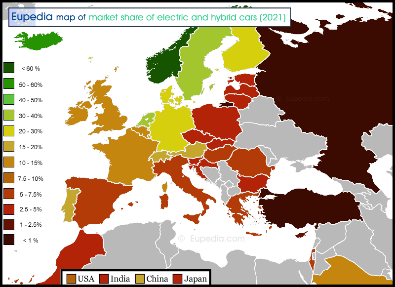 Map showing the market share of electric & hybrid cars in 2021 in and around Europe