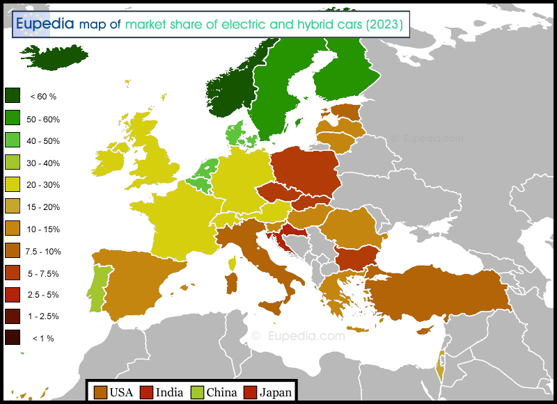 Map showing the market share of electric & hybrid cars in 2023 in and around Europe