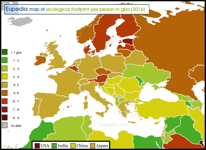 Map of ecological footprint per person in gha in and around Europe