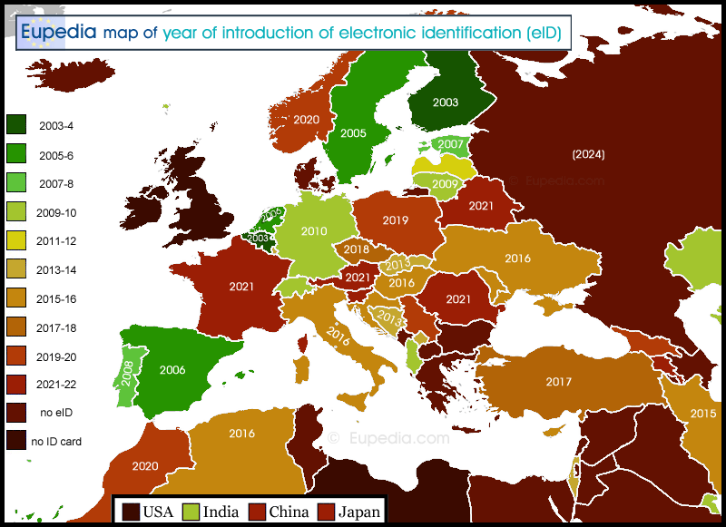 Map showing the year of introduction of electronic ID cards in and around Europe