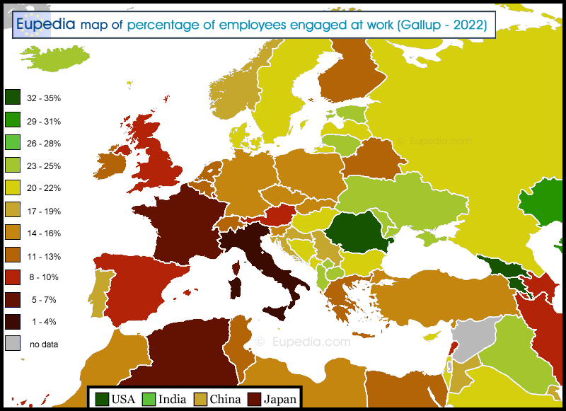 Map of percentage of employees engaged at work in and around Europe