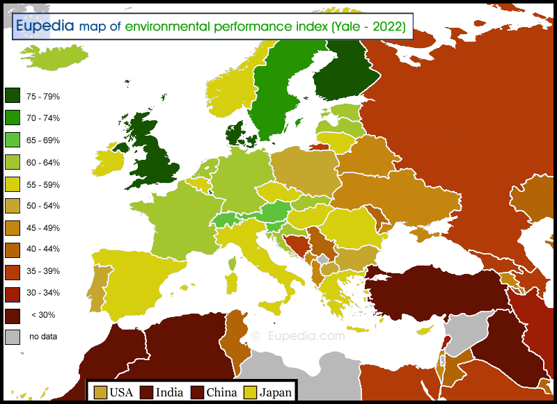Map showing the Environment Performance Index score by country in and around Europe
