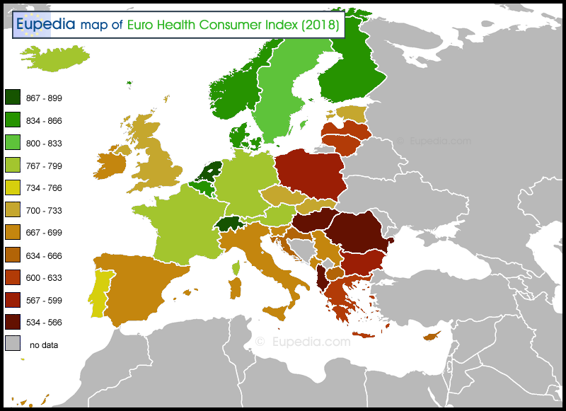 Map of healthcare quality by country in Europe (Euro Health Consumer Index 2018)