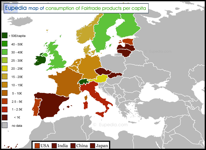 Map of consumption of Fairtrade products per capita in Europe