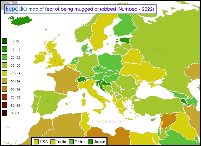 Map showing the fear of being mugged or robbed in and around Europe