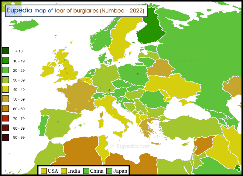 Map showing the fear of burglaries in and around Europe