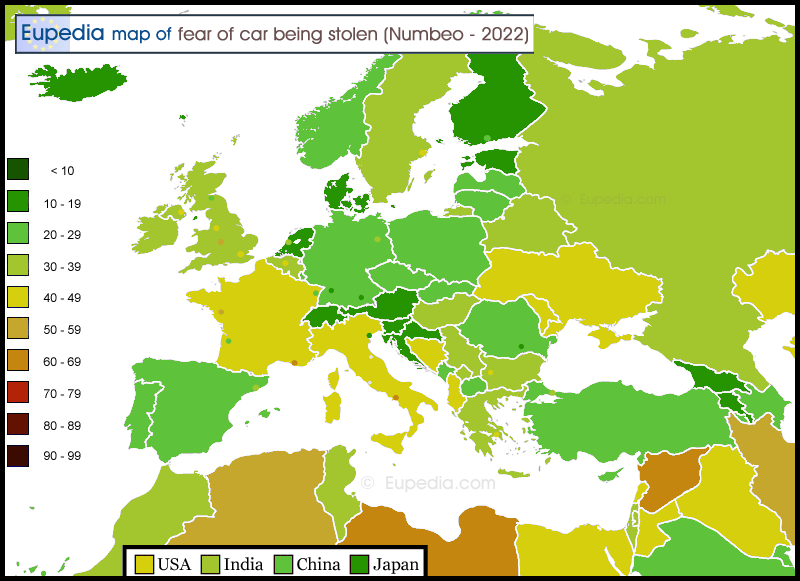 Map showing the fear of car being stolen in and around Europe