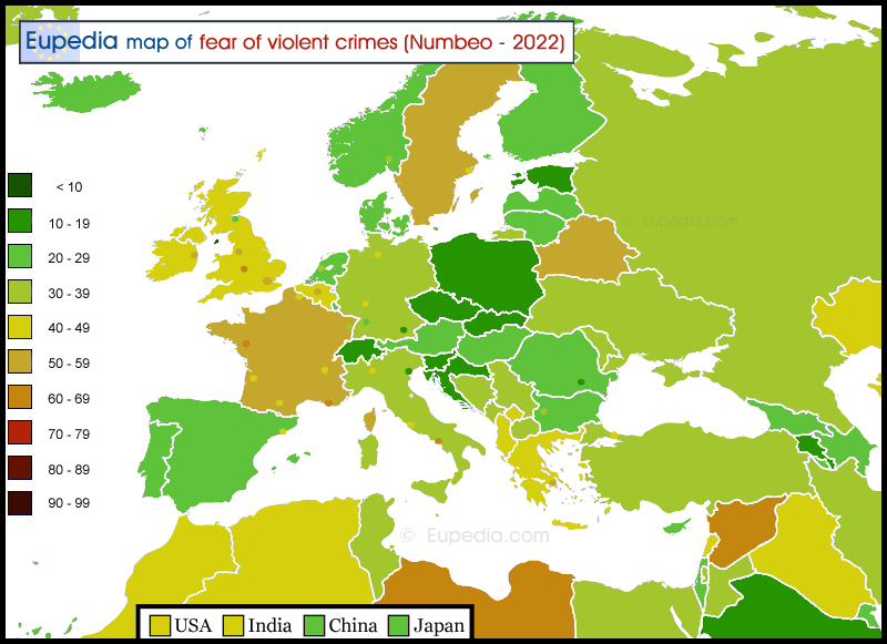 Map showing the fear of violent crimes in and around Europe