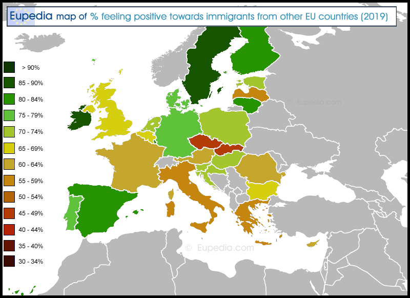 Map showing the percentage of respondents feeling positive towards immigrants from other EU countries